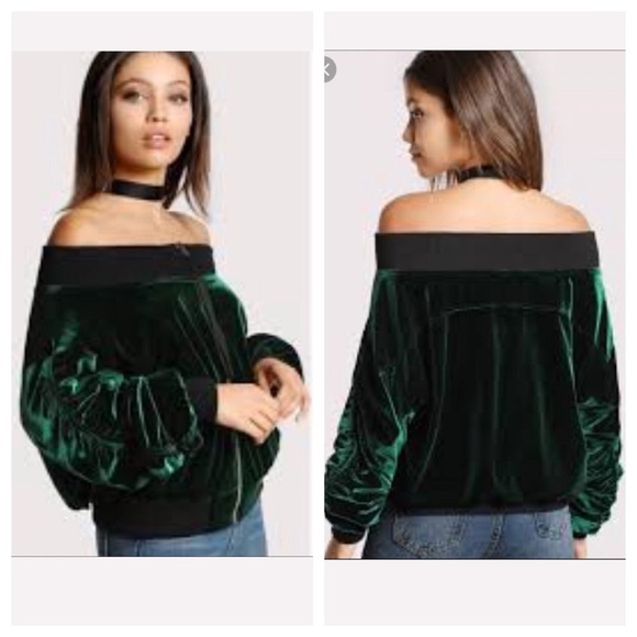 Shein Off the shoulder emerald green scrunch sleeve velvet zip up jacket. Size M - Picture 1 of 8